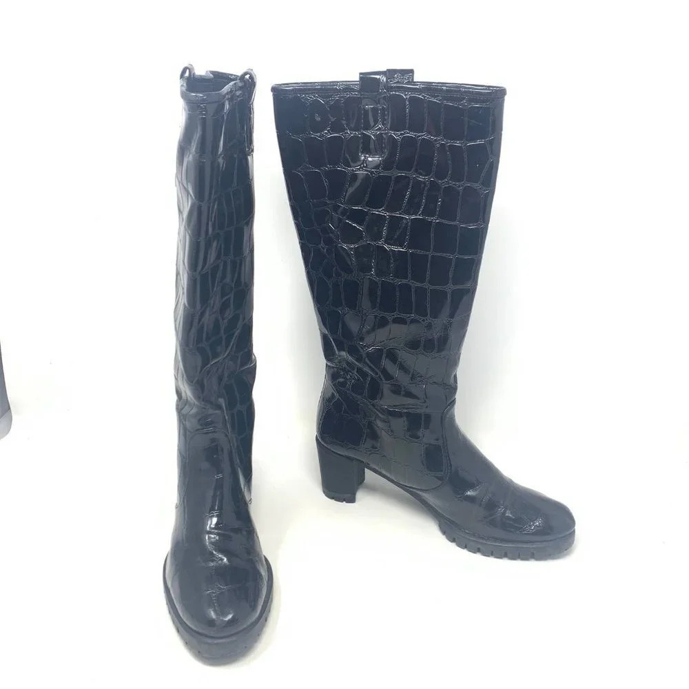 Stuart Weitzman Black Croc Leather Heeled Boots Size US 6 - Picture 3 of 10